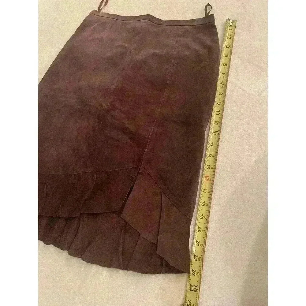 Vintage 100% Leather Suede Skirt 90s y2k Knee Ruffle Lined Slit GEORGIOU Studio - Picture 7 of 7